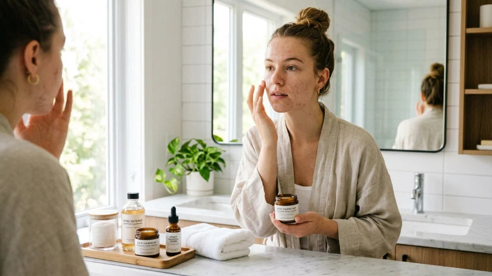 Woman following acne treatment at home skincare routine for oily skin
