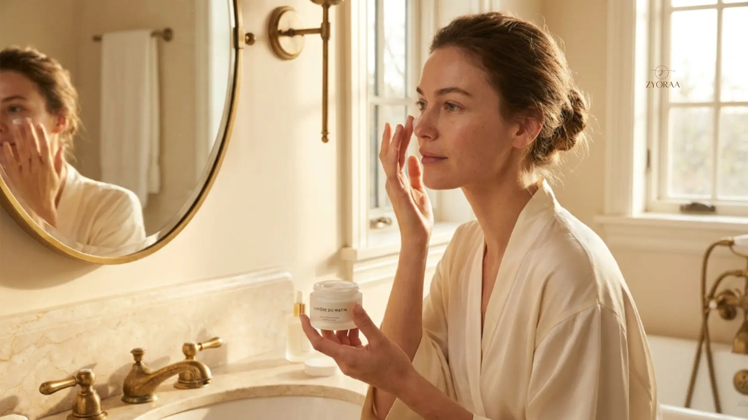 Woman applying the Best Eye Cream during a morning skincare routine