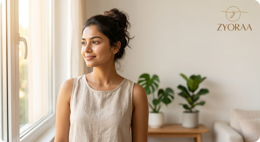 Healthy glowing skin routine for Indian women with natural sunlight