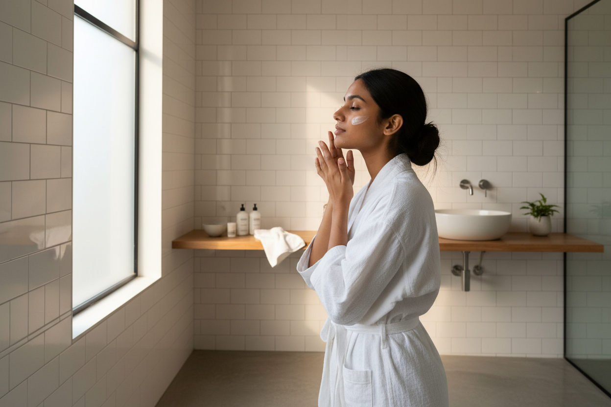 Indian woman doing skincare routine 