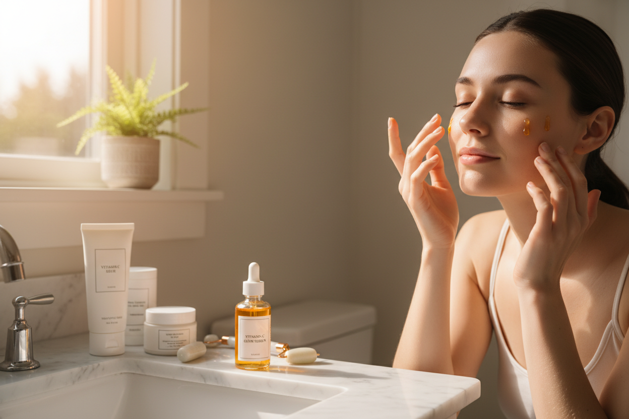 Woman applying vitamin c serum in morning skincare routine
