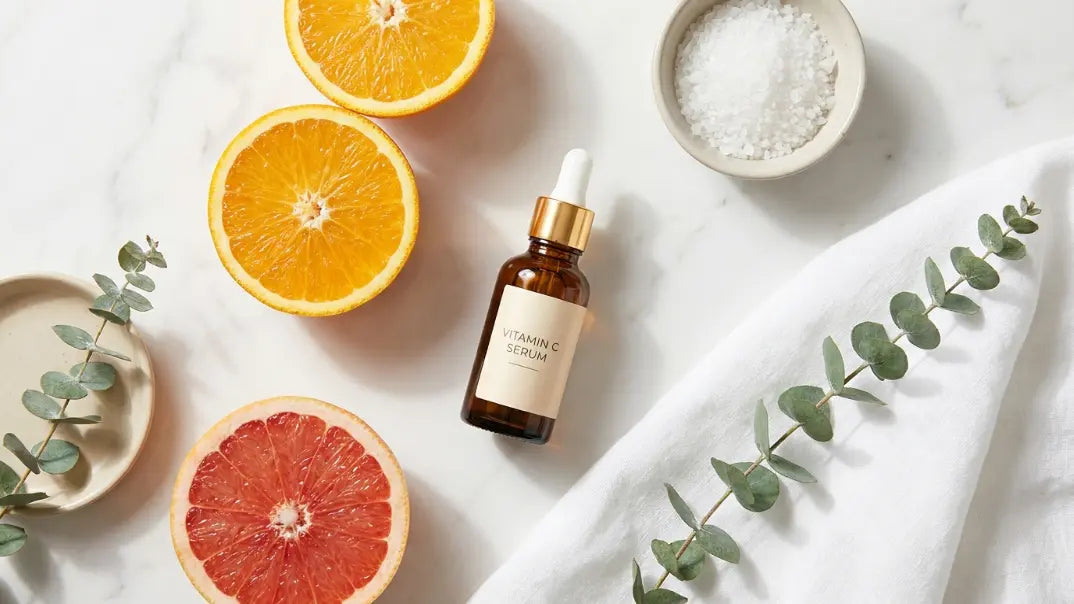 Vitamin C for glowing skin serum flat lay