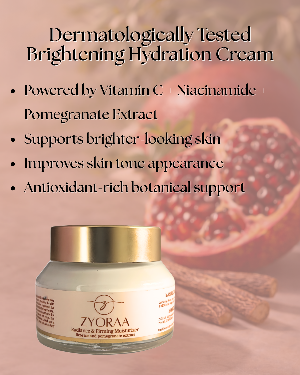 Zyoraa moisturizer jar with pomegranate and cinnamon on a pink background