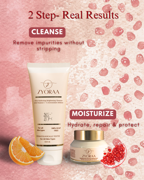 Zyoraaa skincare products with 'Cleanse' and 'Moisturize' text on a pink background with fruit illustrations.