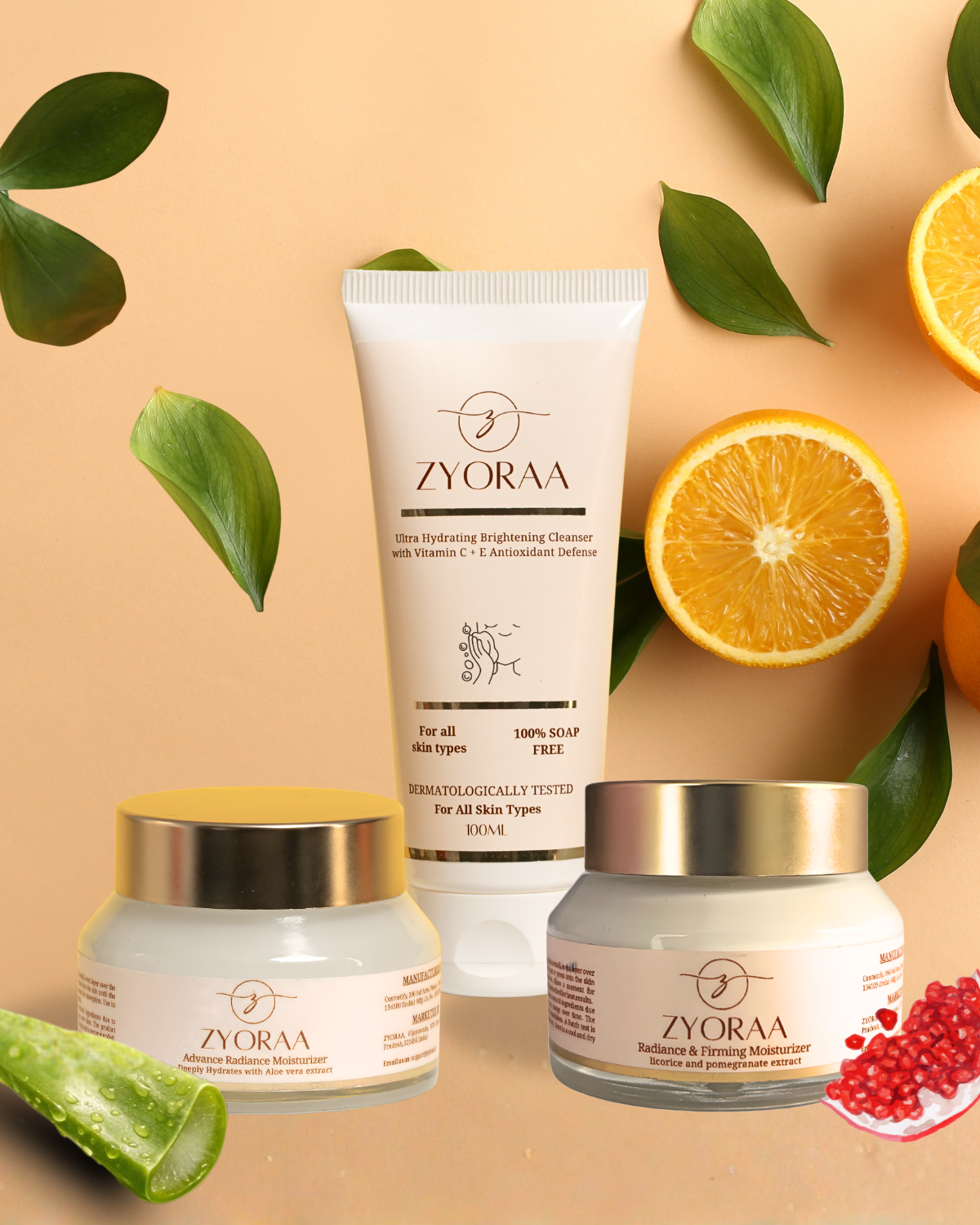 Zyorra skincare products with fruits and leaves on a beige background