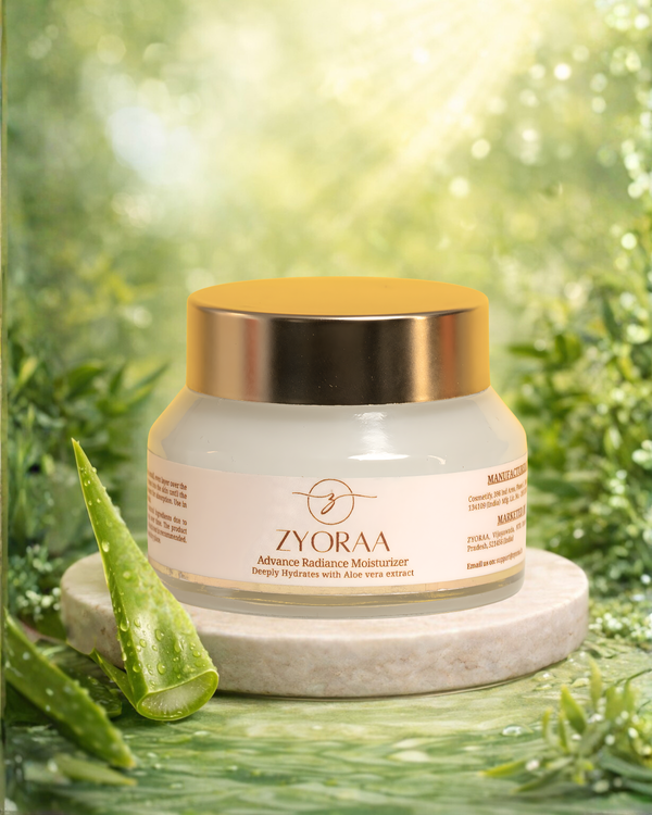 Zyoraaa skincare product jar with aloe vera leaf on a green natural background