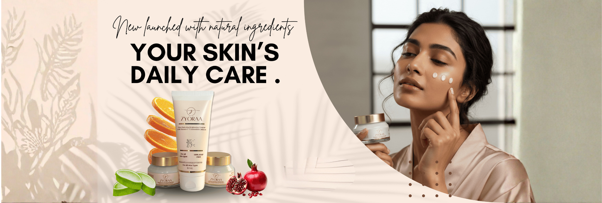Woman applying cream to her face with skincare products and natural ingredients displayed.
