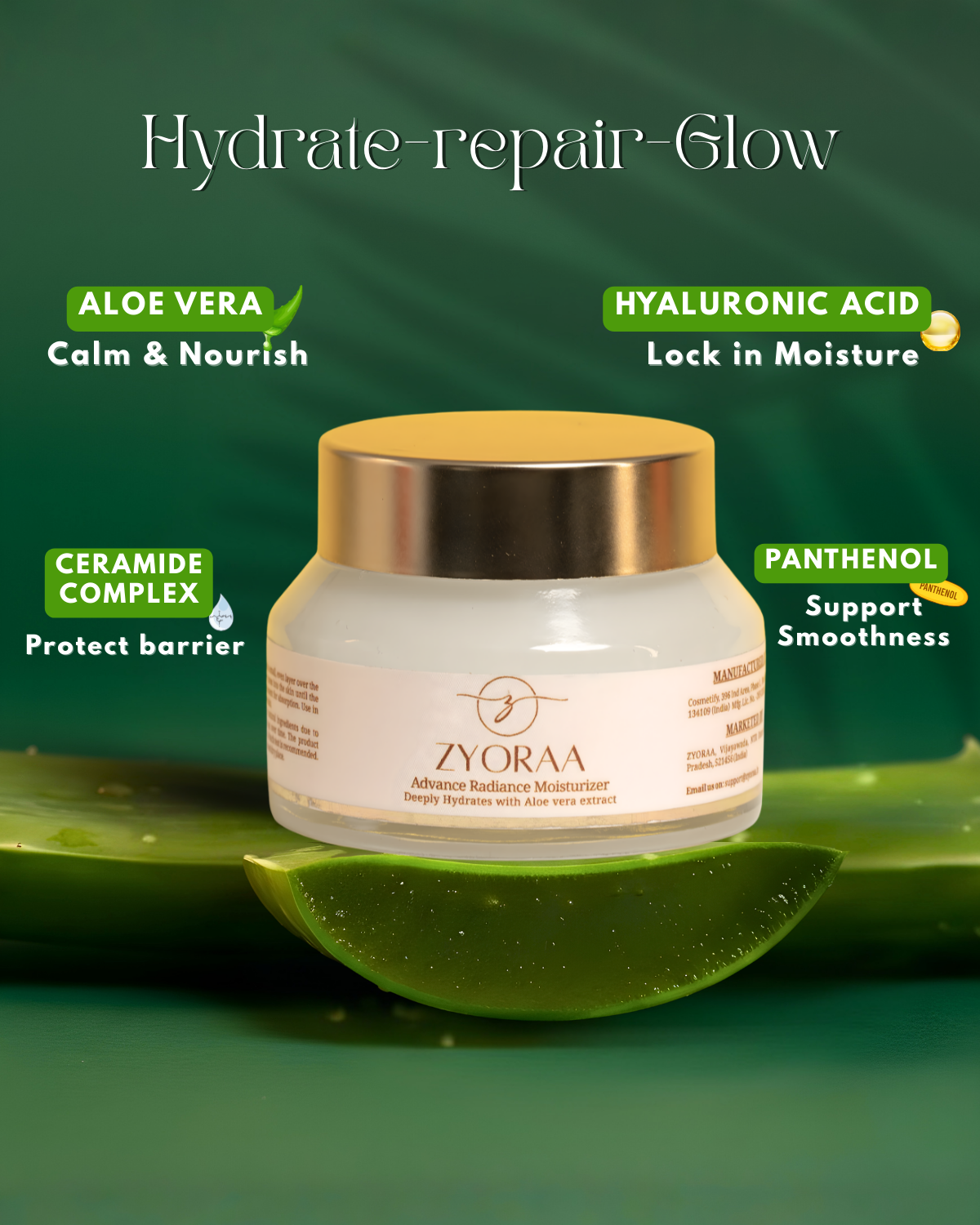 Zyoraa skincare jar with green leaf background and product benefits listed.