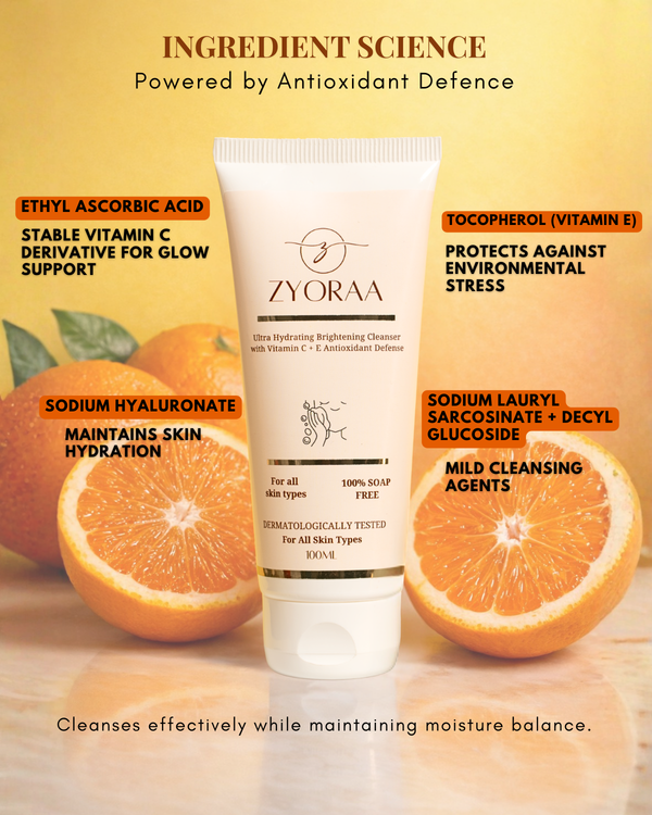 Zyorra cleanser with ingredients highlighted on a background of oranges