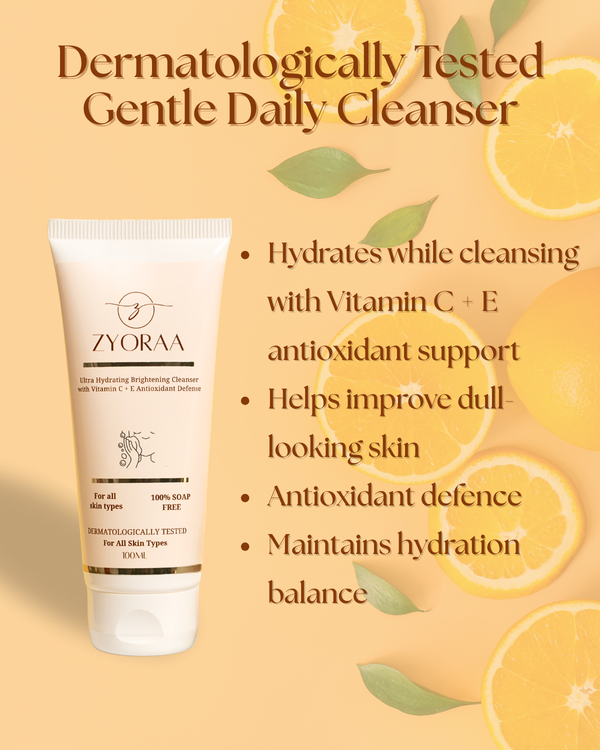 Zyorra cleanser tube with lemon slices and text on a beige background