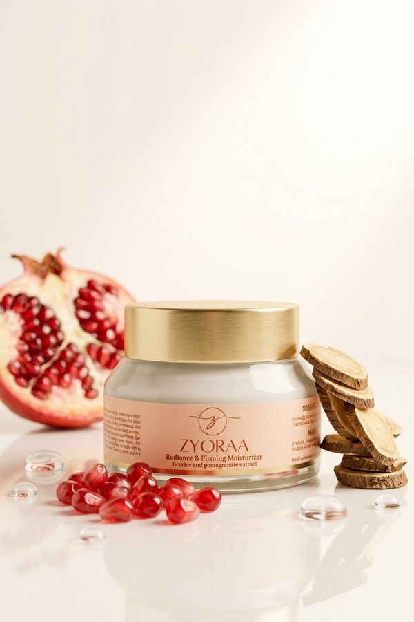 Zyoraa skincare product with pomegranate seeds on a light background