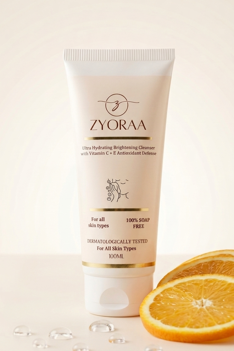 Zyoraa skincare product with oranges on a light background