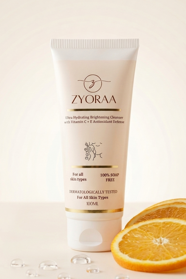 Zyoraa skincare product with oranges on a light background