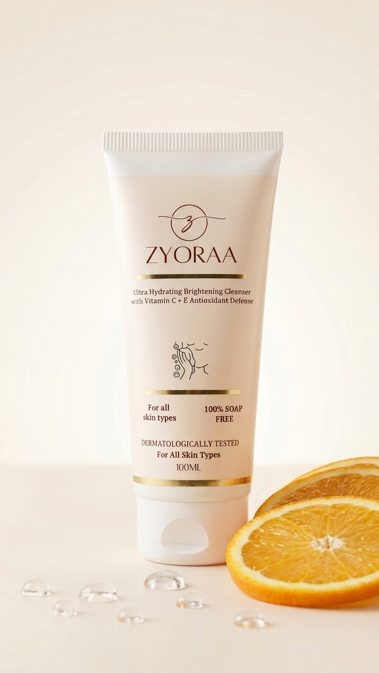 Zyoraa skincare product with oranges on a light background