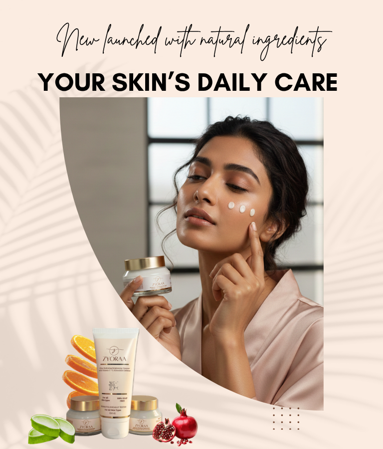 Woman applying cream to her face with skincare products displayed below, set against a neutral background.
